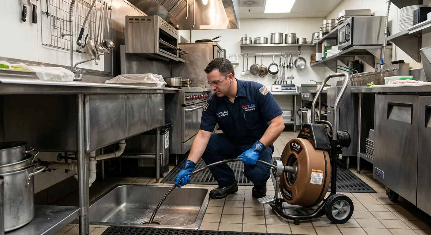 Commercial drain cleaning service in a restaurant kitchen in Fruitridge Pocket