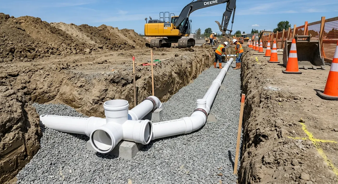 New PVC sewer pipe installation in open trench for Commercial Drain Cleaning in Fruitridge Pocket